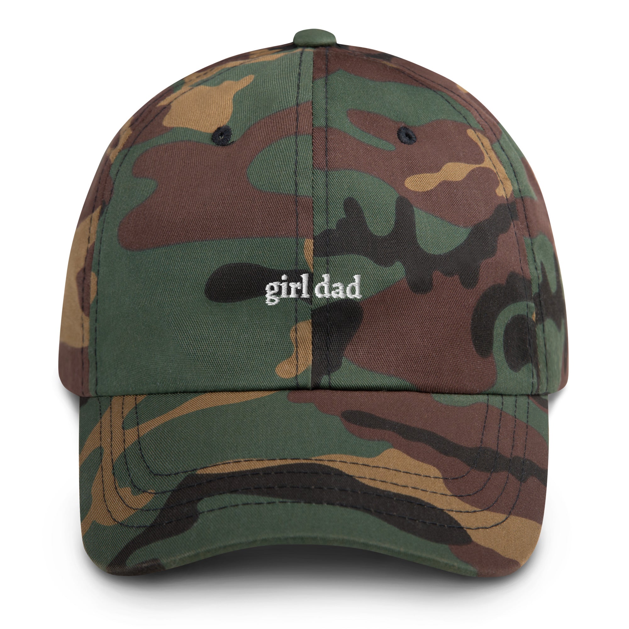 Chamoflauge embroidered "girl dad" dad hat front view | Plot Twist