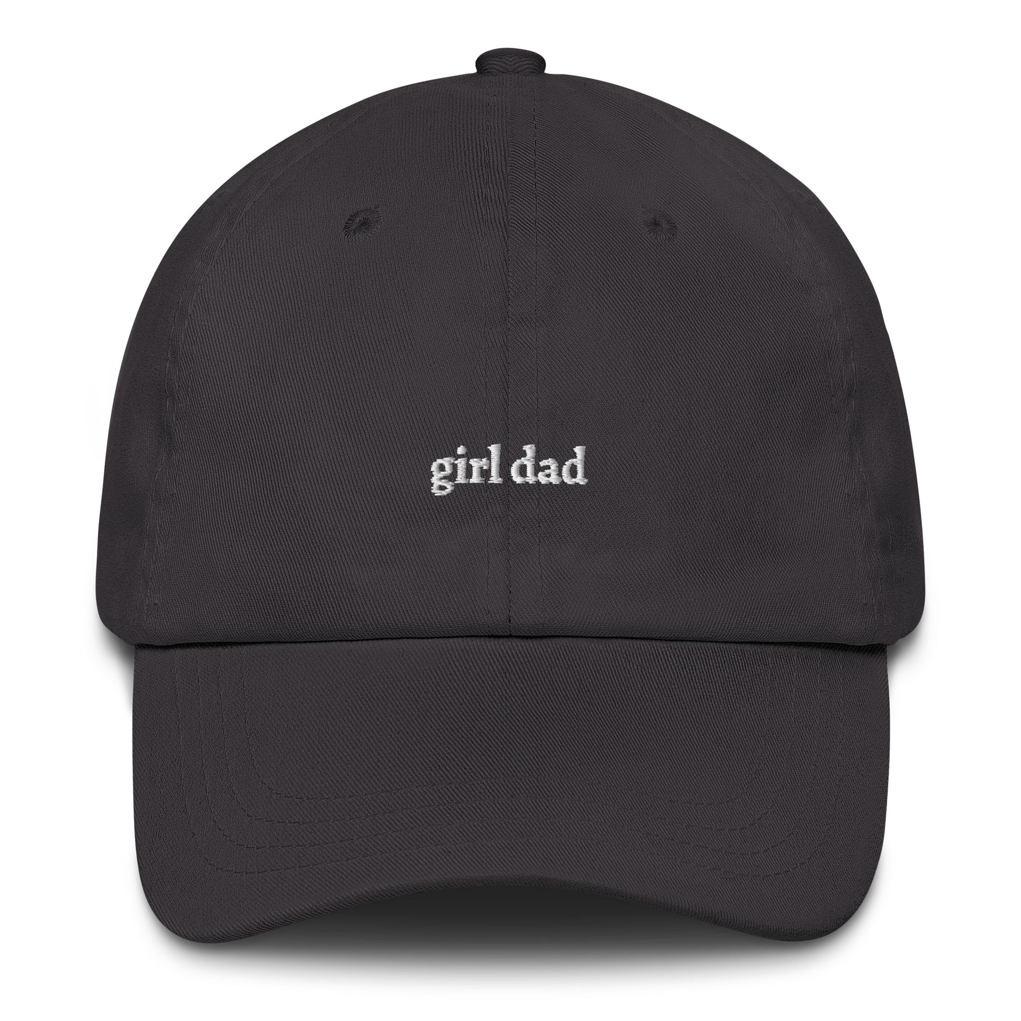 Dark grey embroidered "girl dad" dad hat front view | Plot Twist