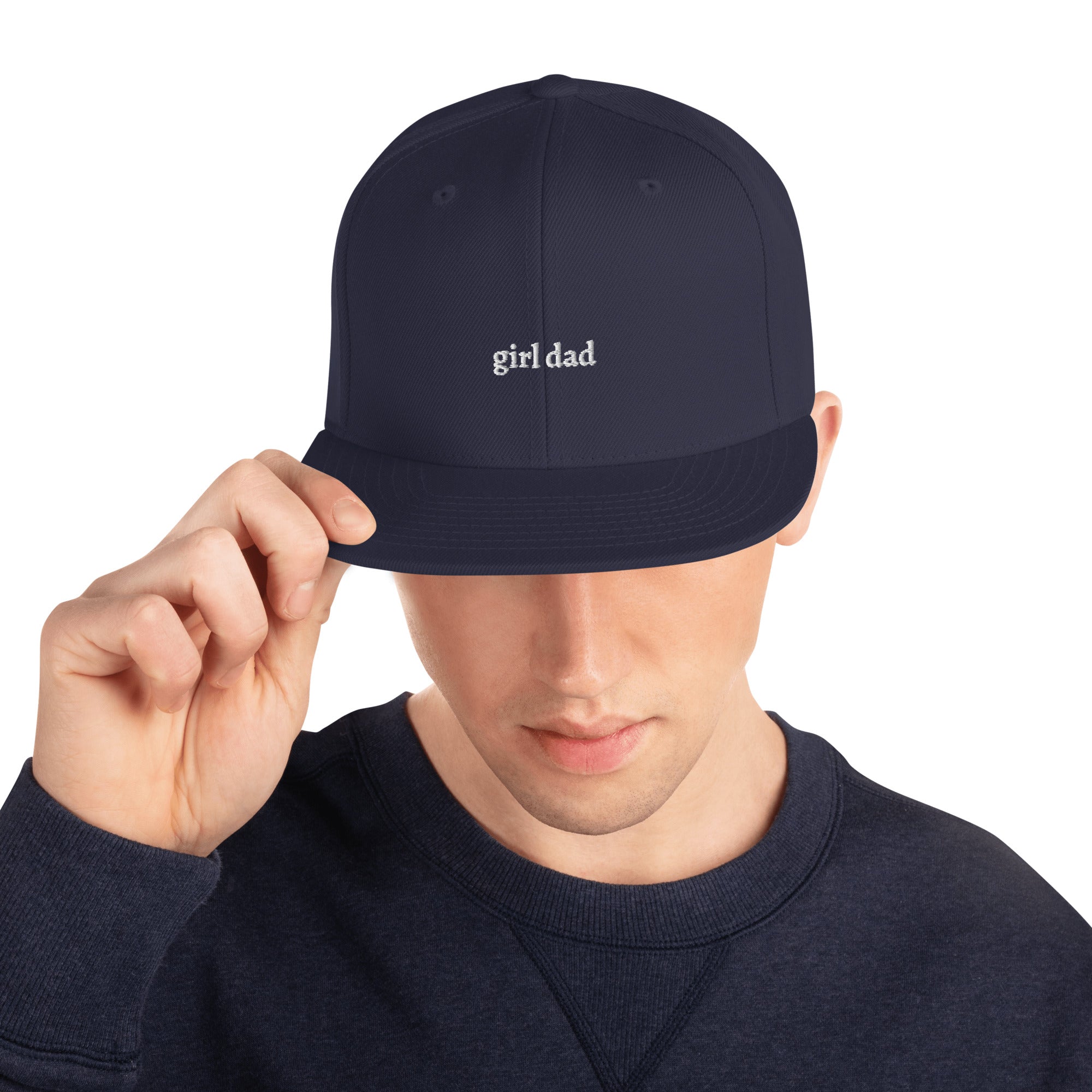Navy embroidered "girl dad" snapback hat front view | Plot Twist