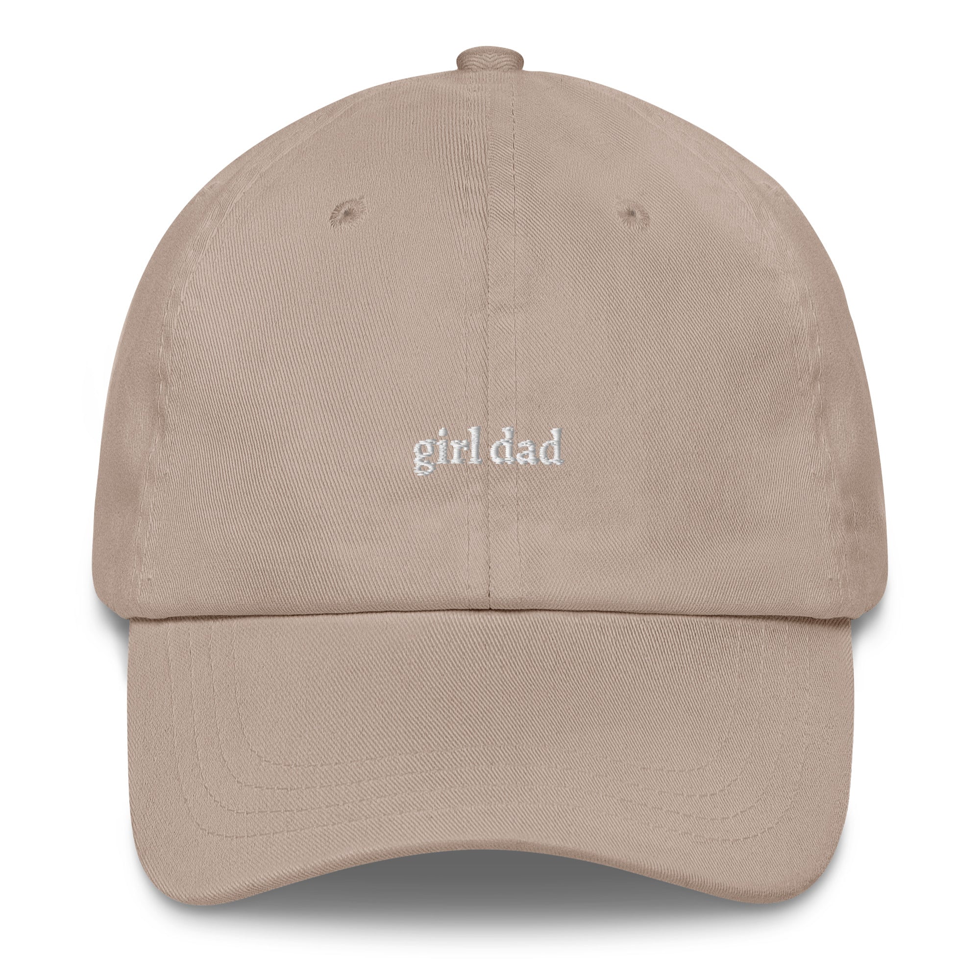 Stone embroidered "girl dad" dad hat front view | Plot Twist