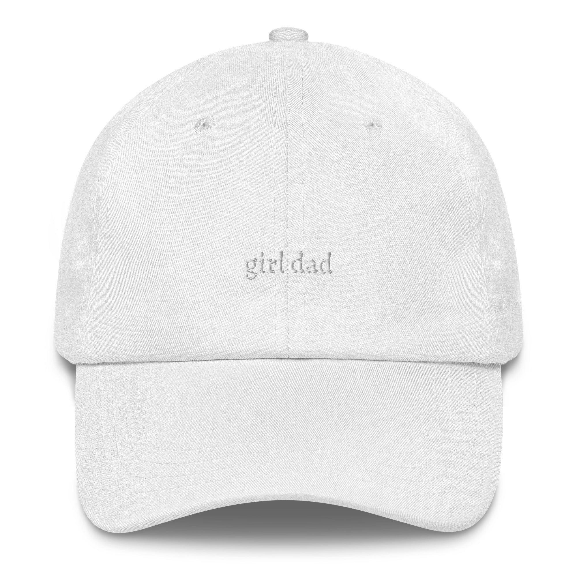 White embroidered "girl dad" dad hat front view | Plot Twist