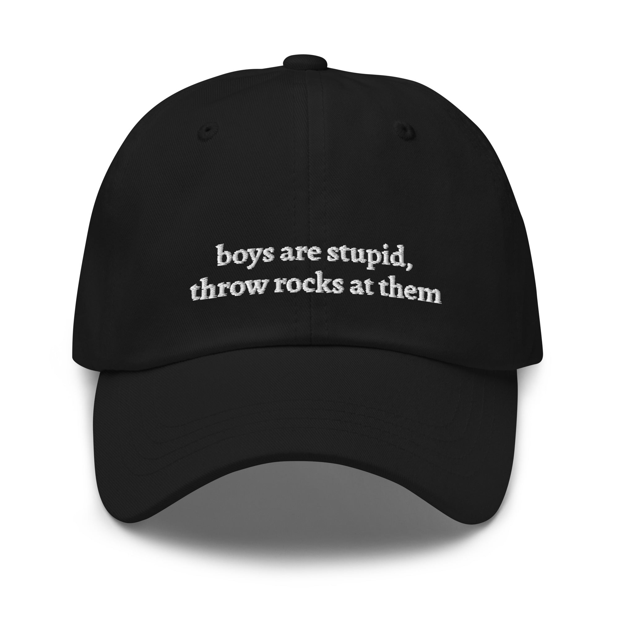 Black embroidered "boys are stupid throw rocks at them" dad hat front view | Plot Twist