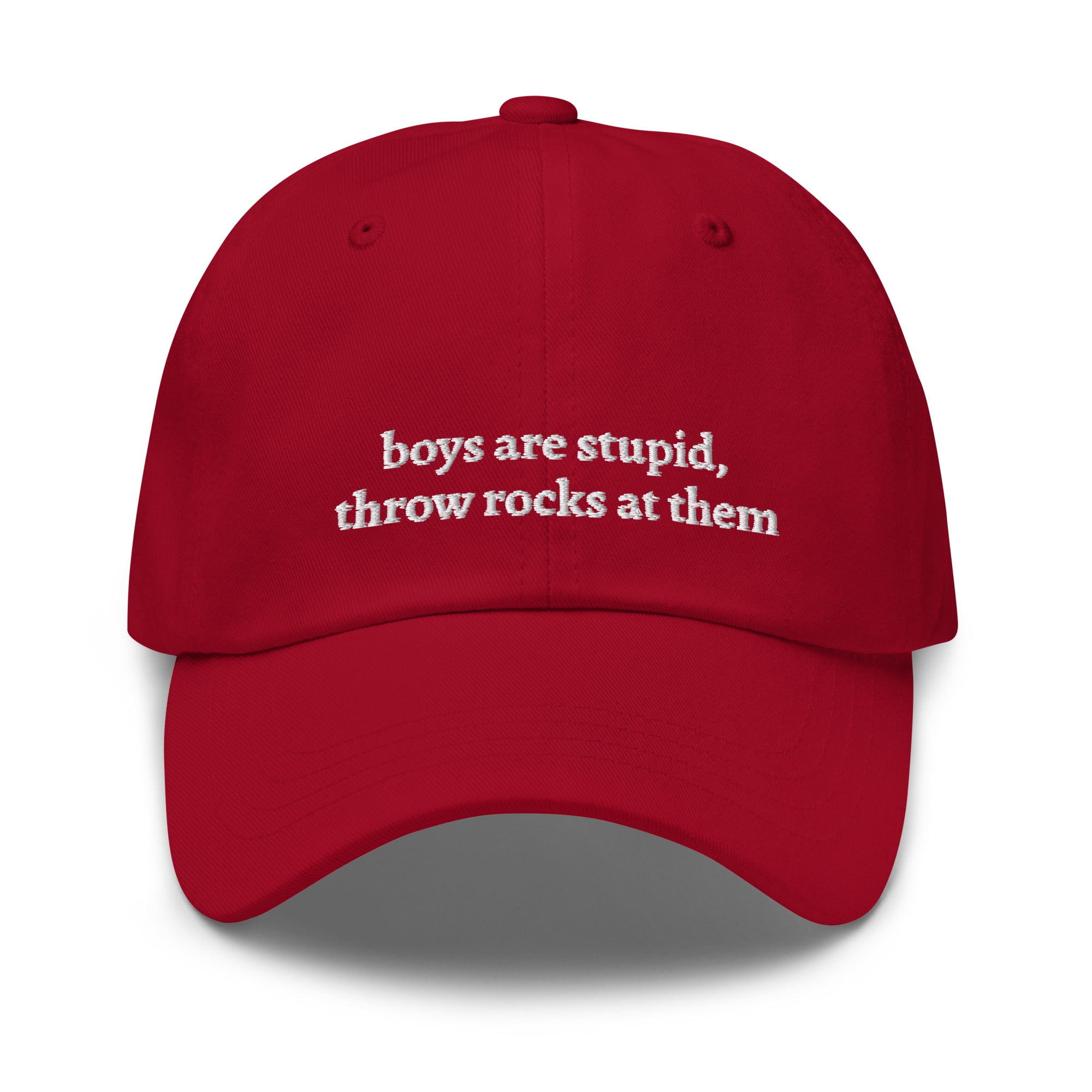 Cranberry embroidered "boys are stupid throw rocks at them" dad hat front view | Plot Twist