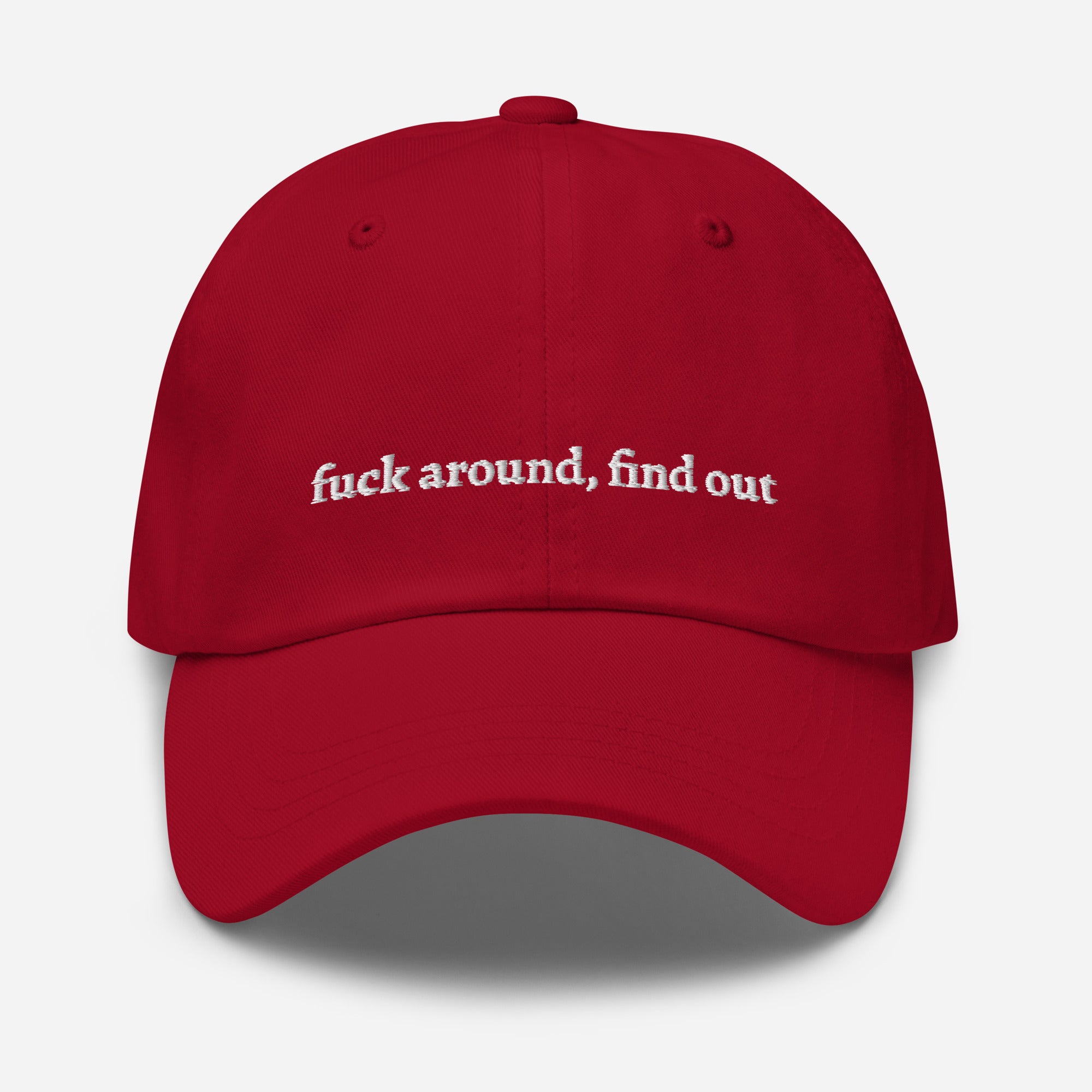 Cranberry  "f*** around, find out" dad hat front view | Plot Twist
