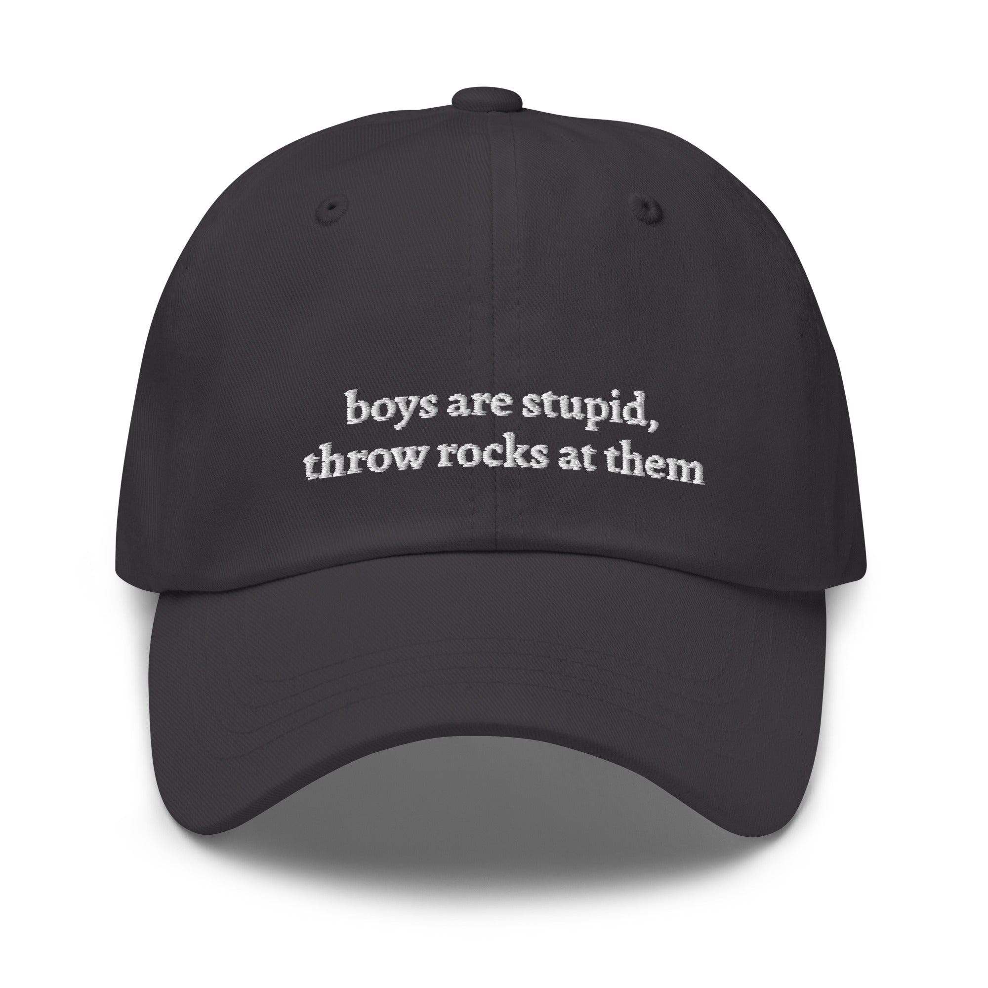 Dark grey embroidered "boys are stupid throw rocks at them" dad hat front view | Plot Twist