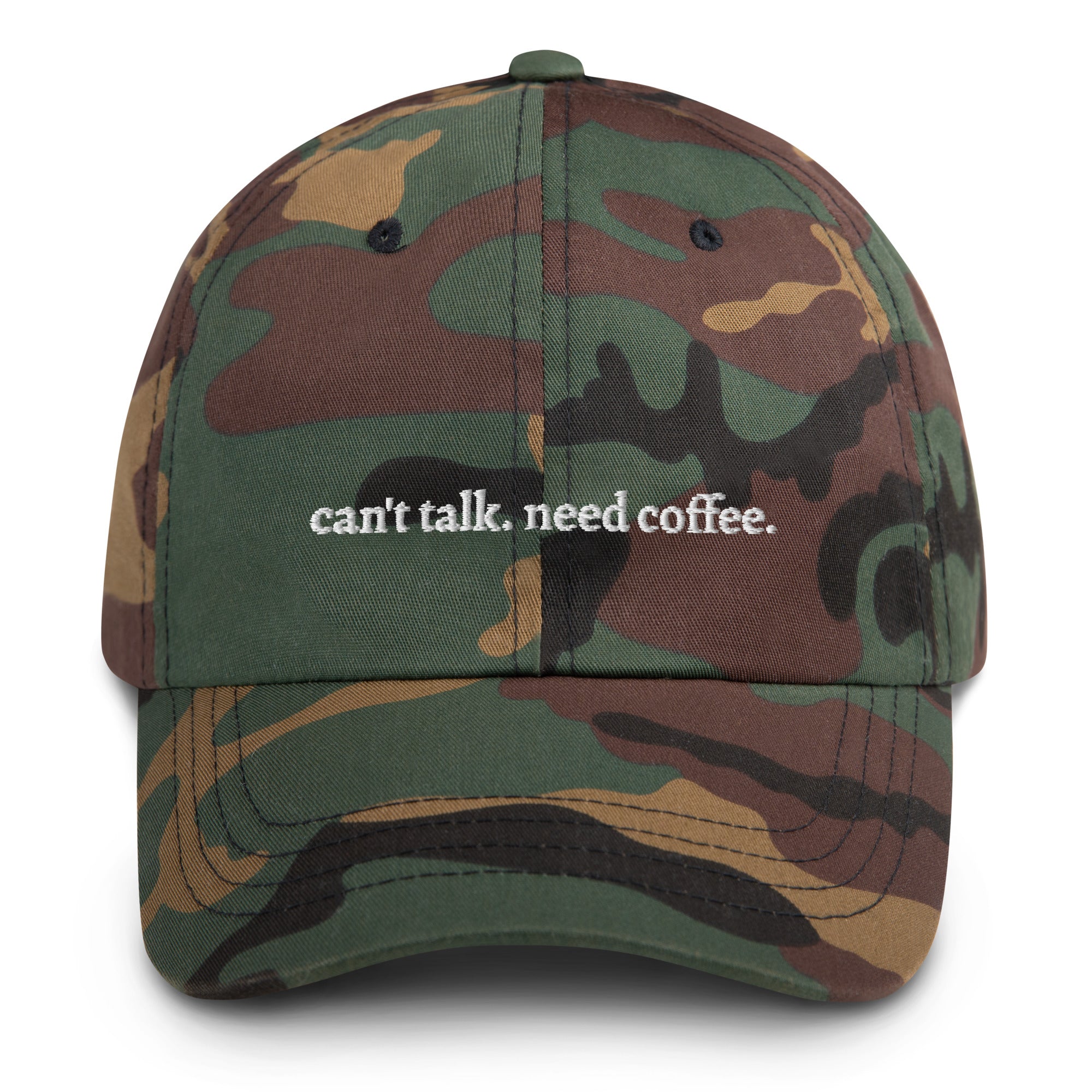 Camo "can't talk need coffee" dad hat front view | Plot Twist