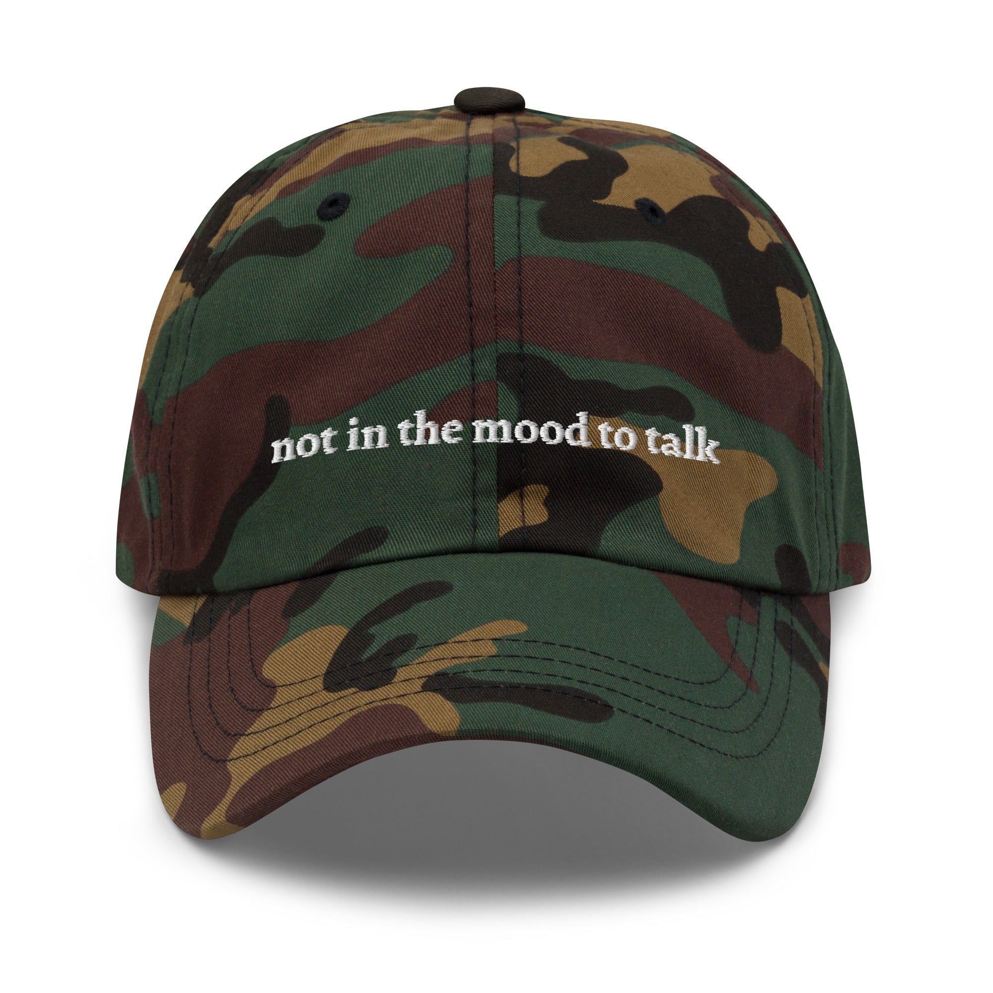 camo "not in the mood to talk" dad hat front view | Plot Twist