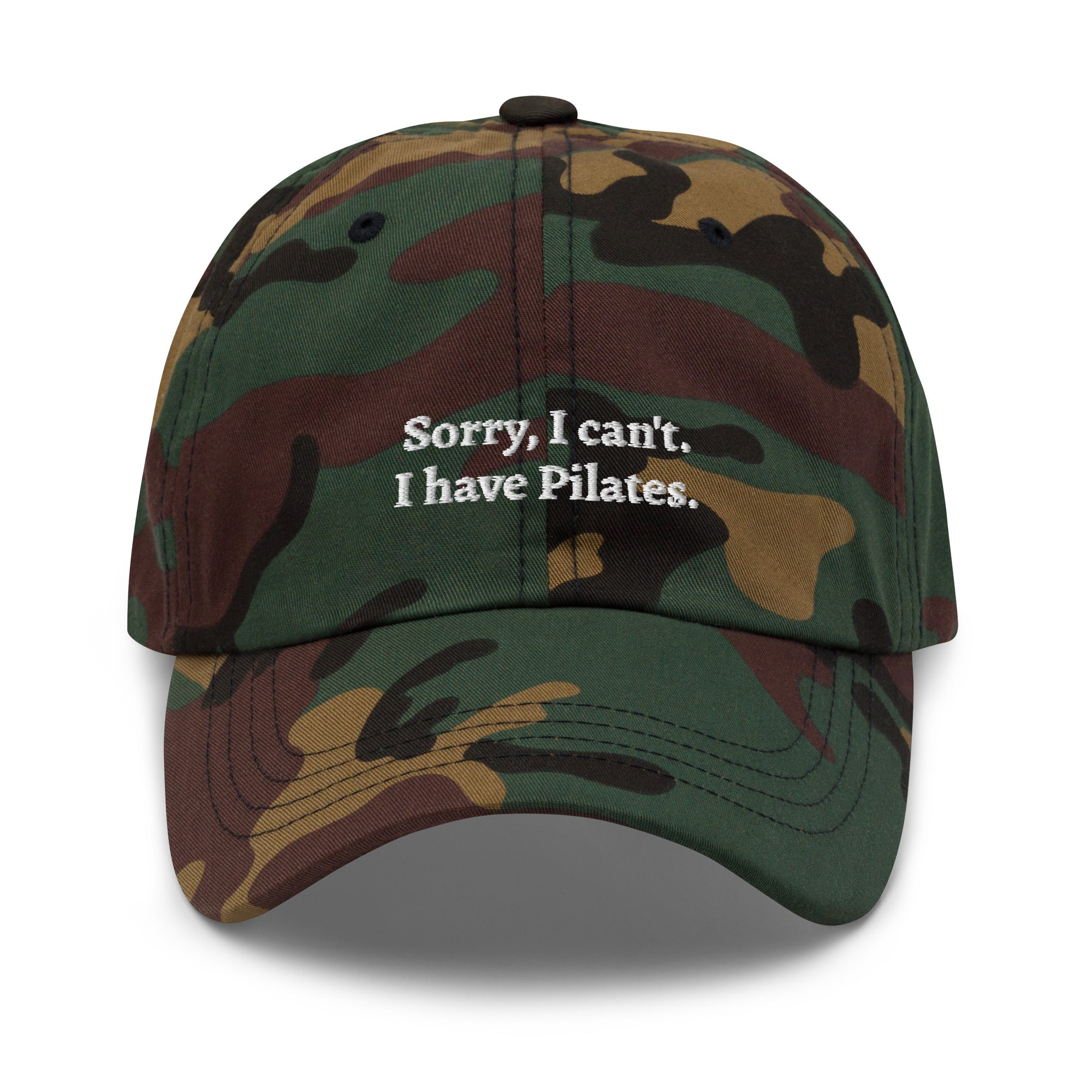 Camo "Sorry, I can't. I have Pilates" dad hat front view | Plot Twist