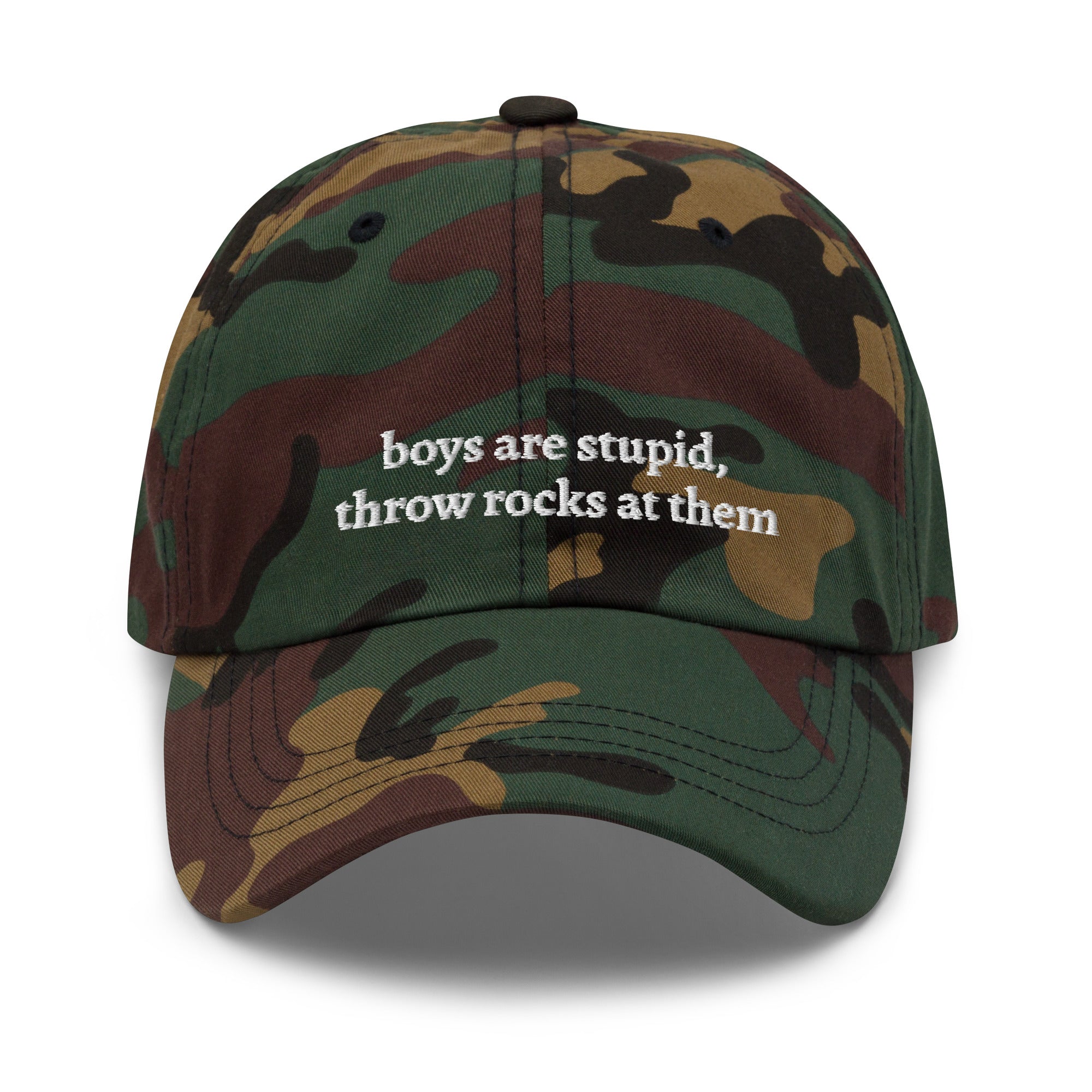 Camo embroidered "boys are stupid throw rocks at them" dad hat front view | Plot Twist