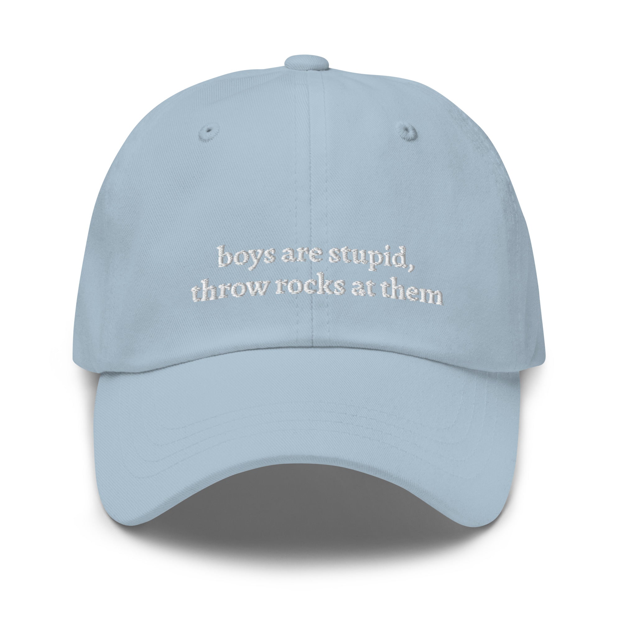 Light Blue embroidered "boys are stupid throw rocks at them" dad hat front view | Plot Twist