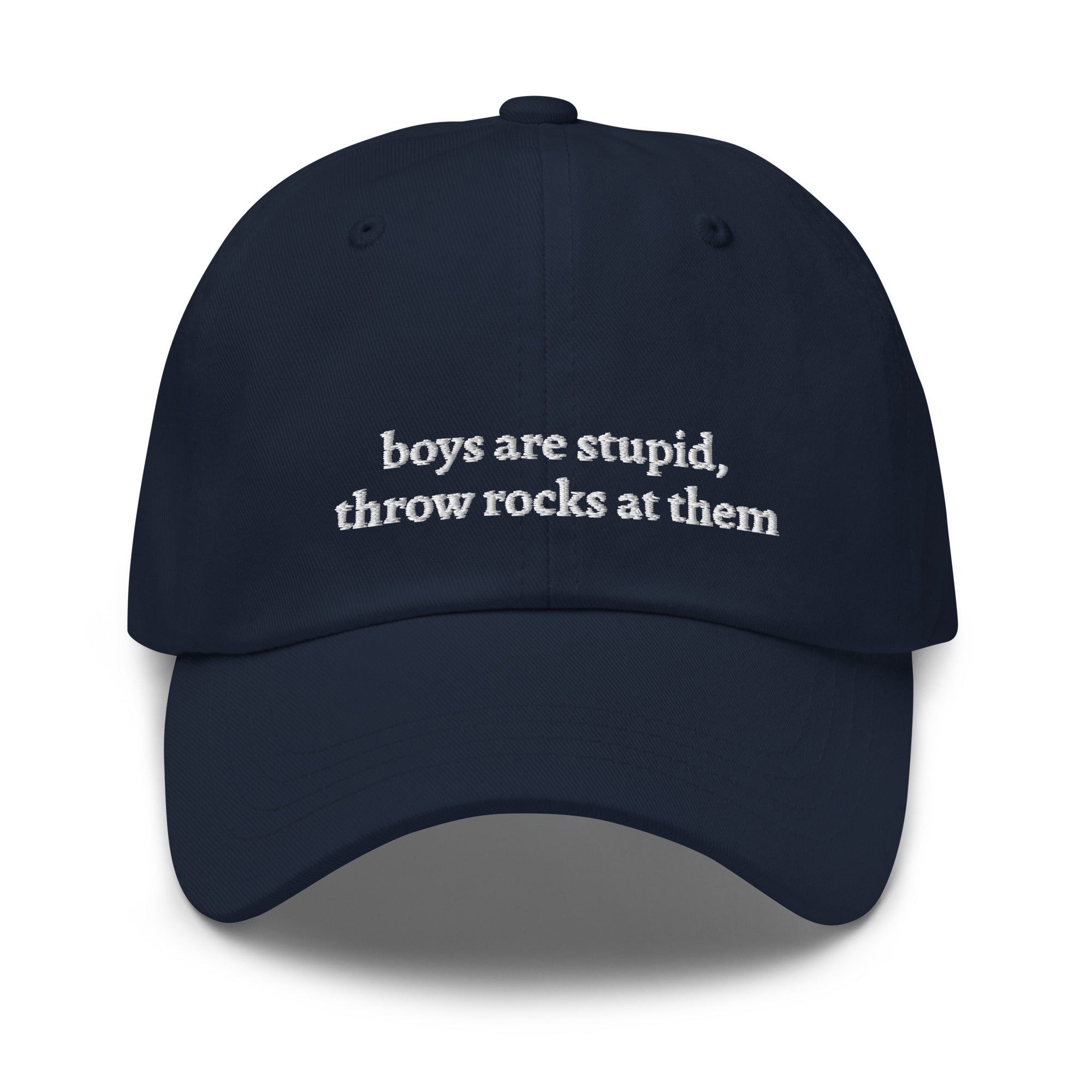 Navy embroidered "boys are stupid throw rocks at them" dad hat front view | Plot Twist