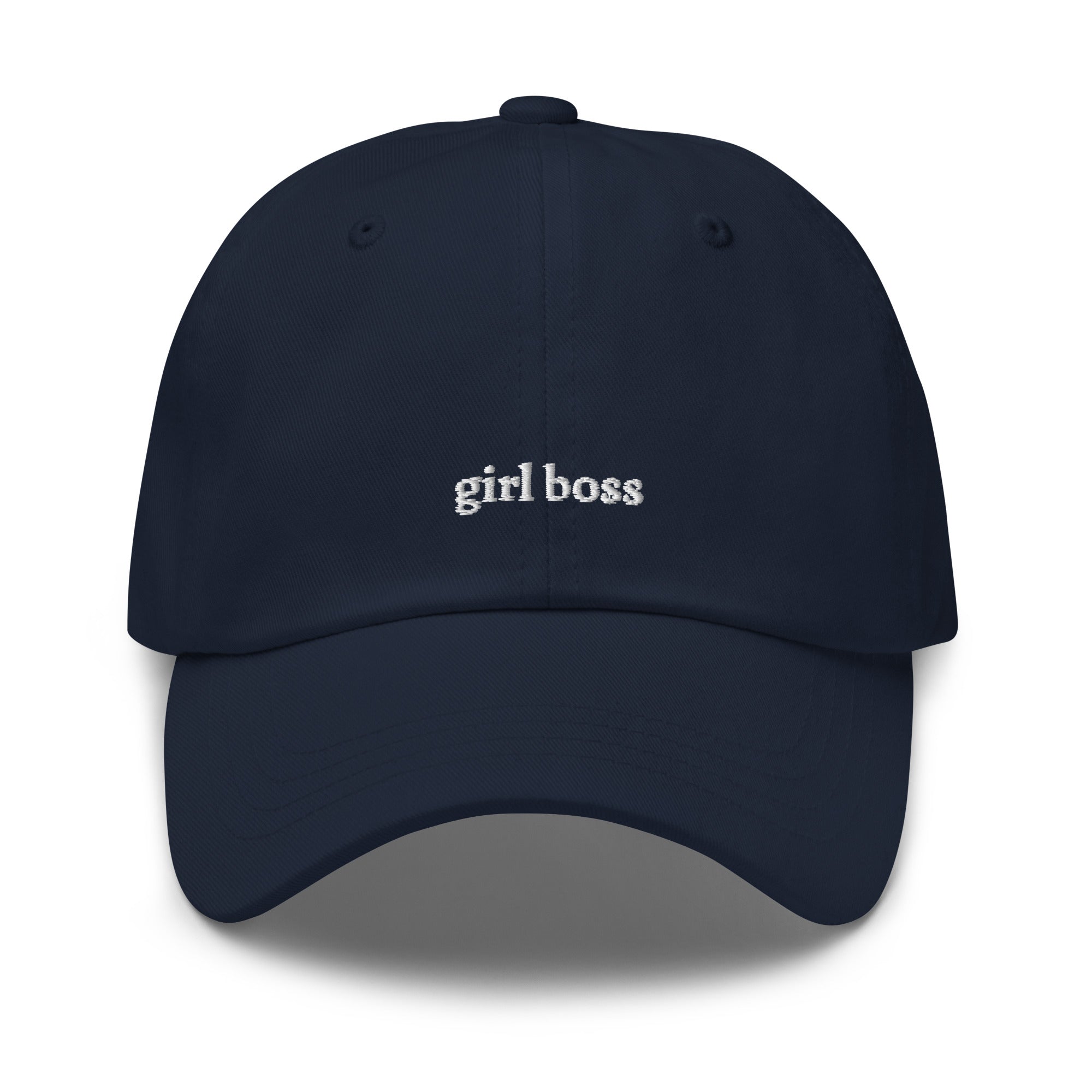 Navy embroidered "girl boss" dad hat front view | Plot Twist