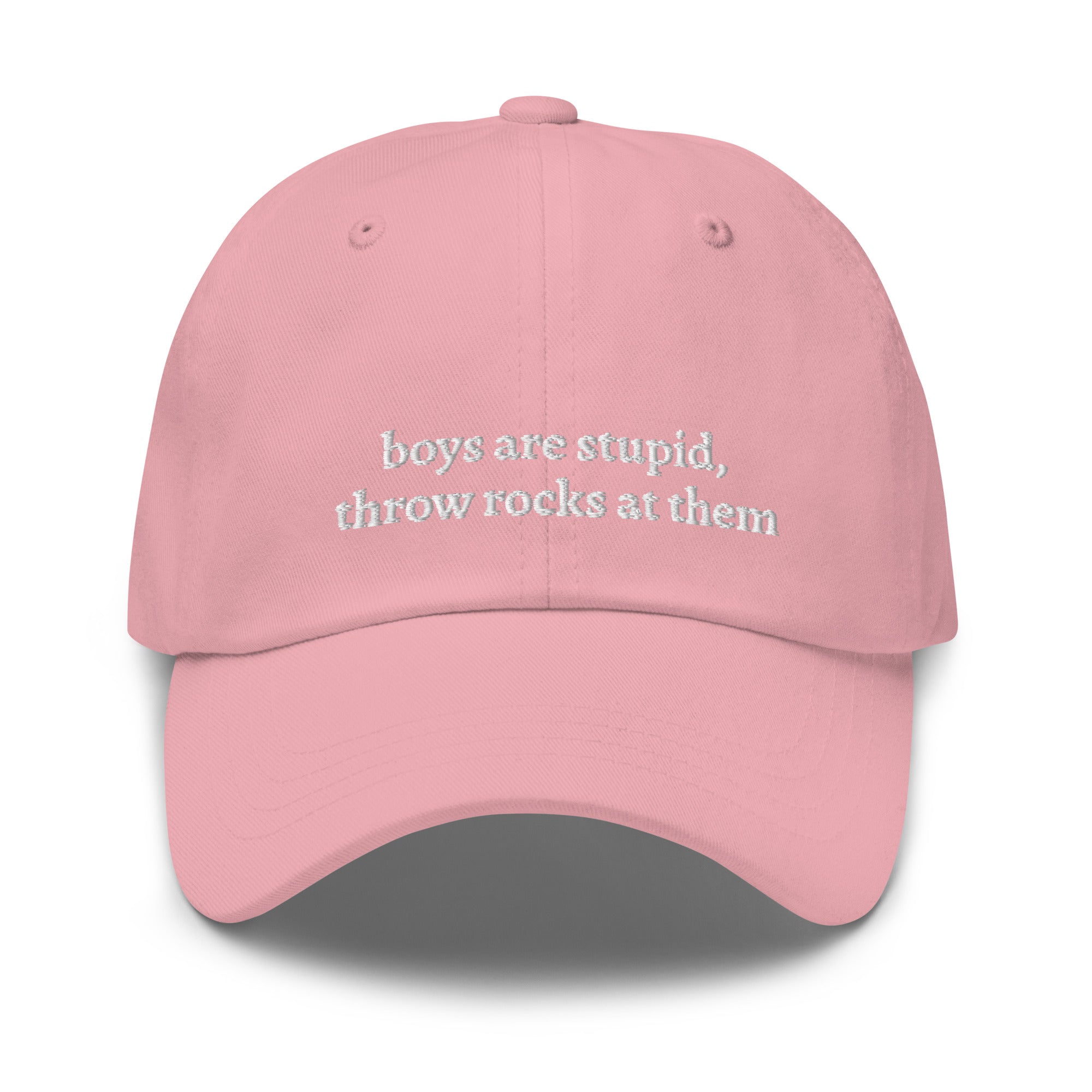 Pink embroidered "boys are stupid throw rocks at them" dad hat front view | Plot Twist