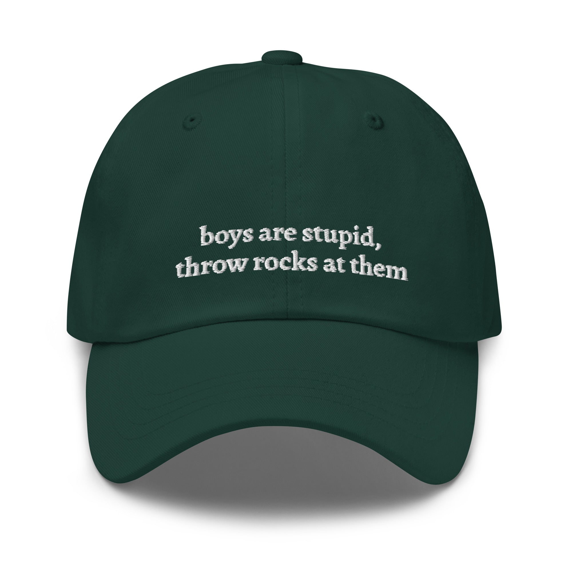 Spruce Green "boys are stupid throw rocks at them" dad hat front view | Plot Twist