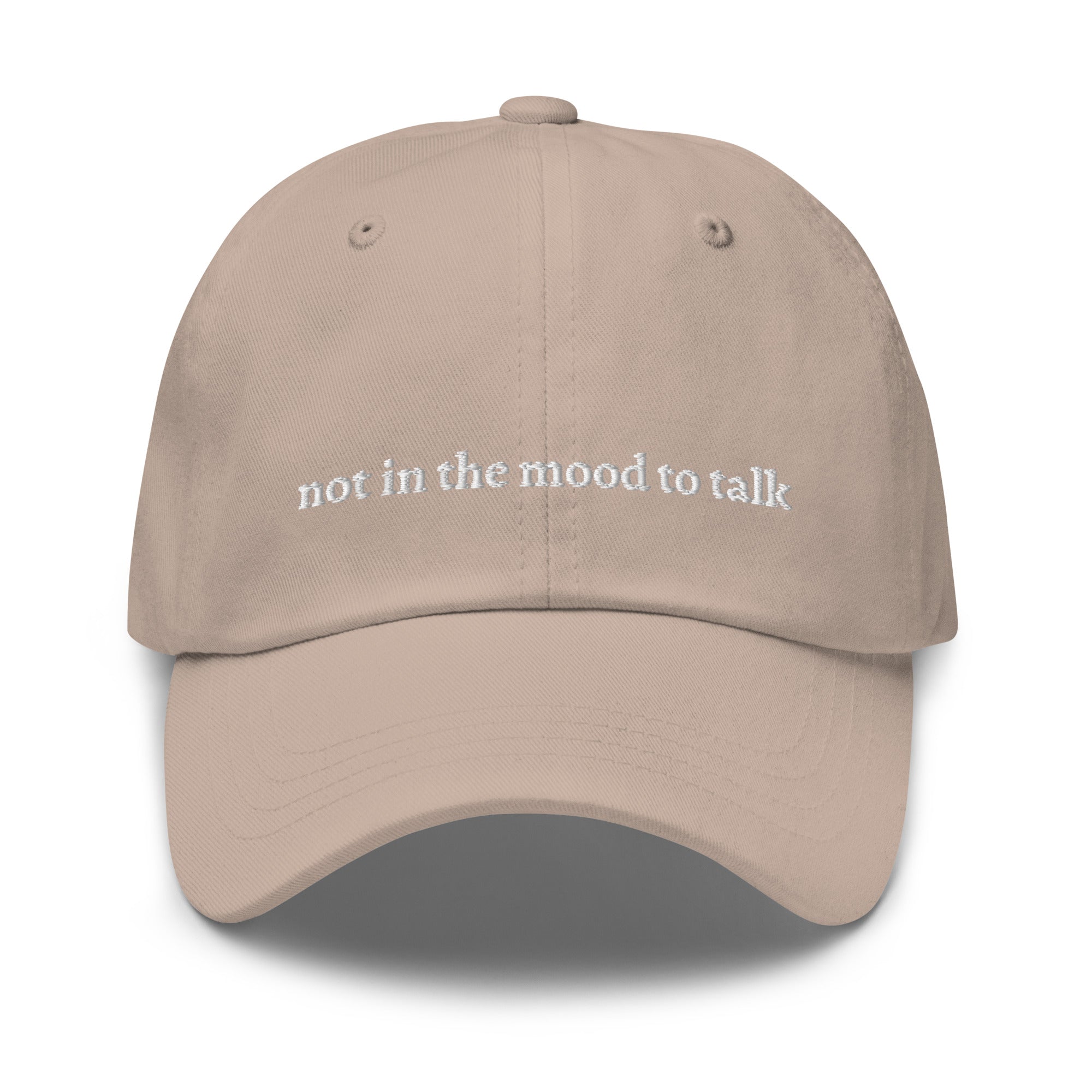 Stone "not in the mood to talk" dad hat front view | Plot Twist