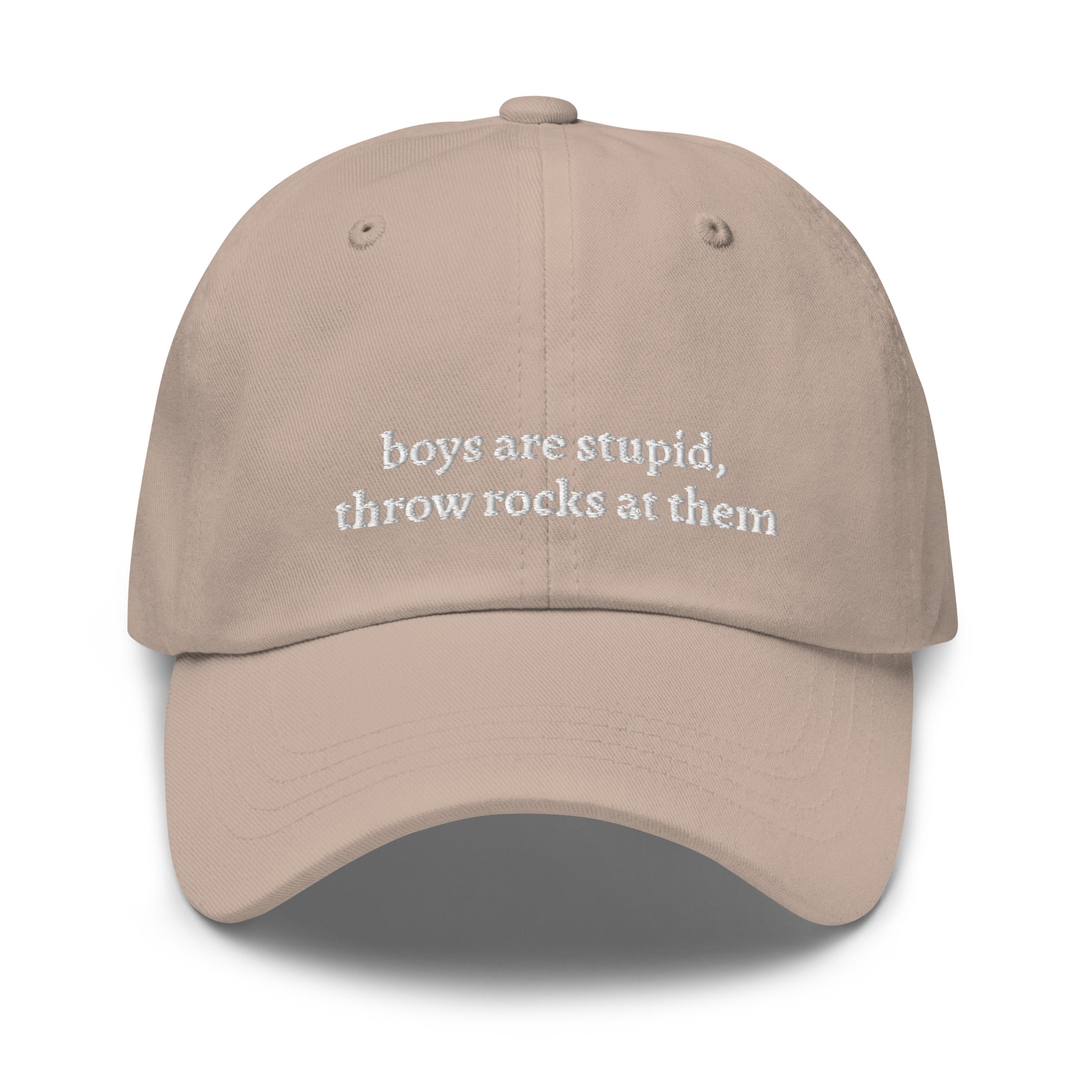 Stone embroidered "boys are stupid throw rocks at them" dad hat front view | Plot Twist