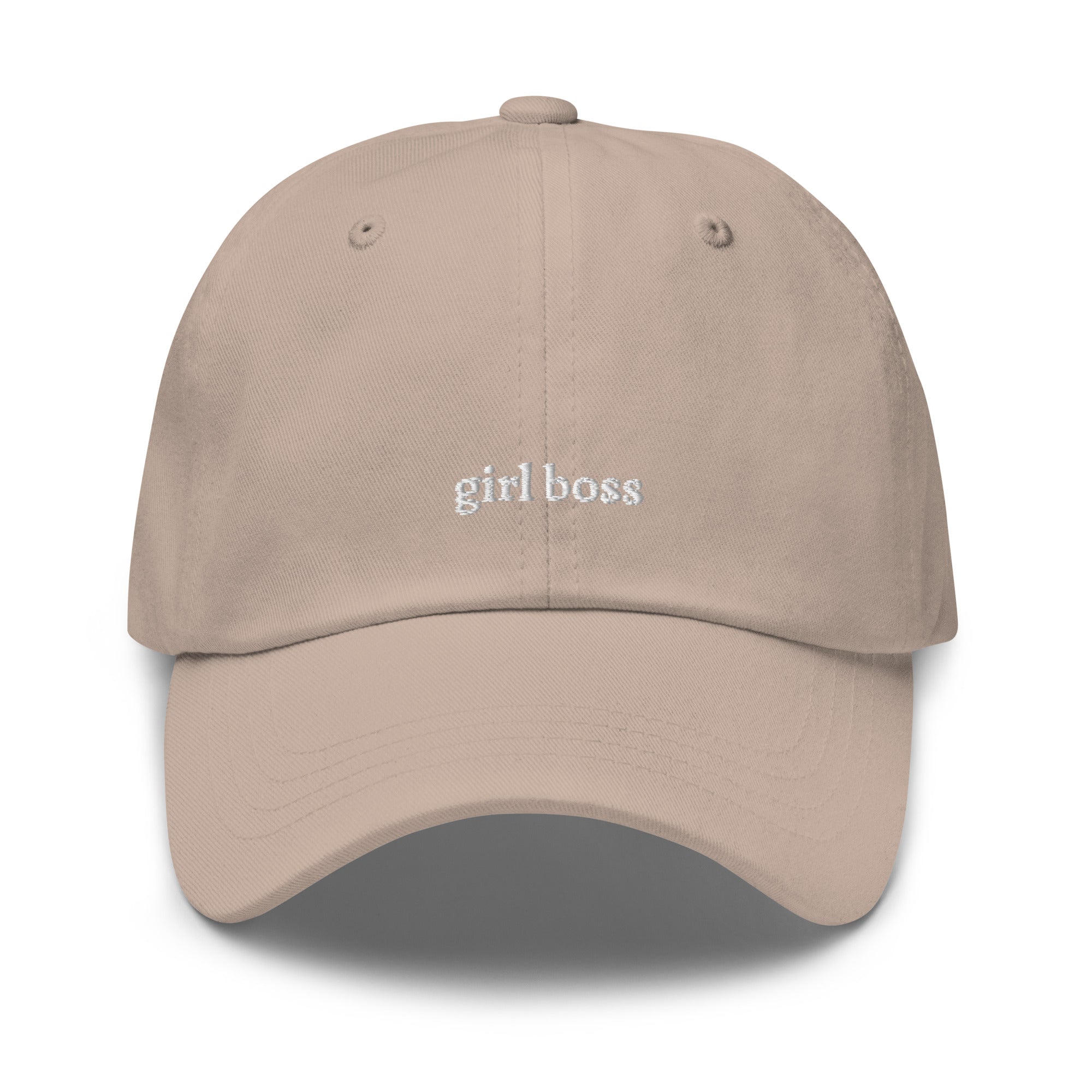 Stone embroidered "girl boss" dad hat front view | Plot Twist