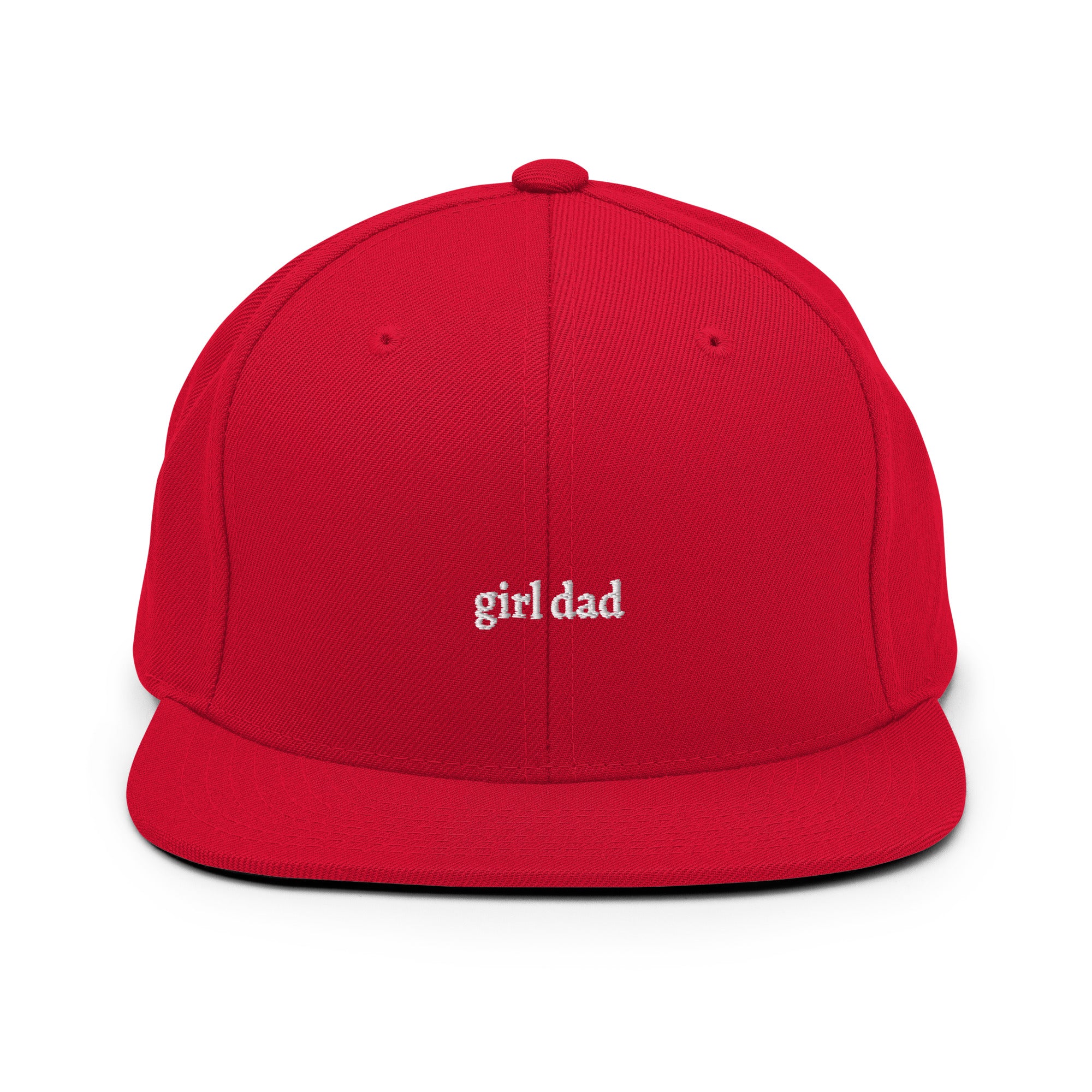 red embroidered "girl dad" snapback hat front view | Plot Twist